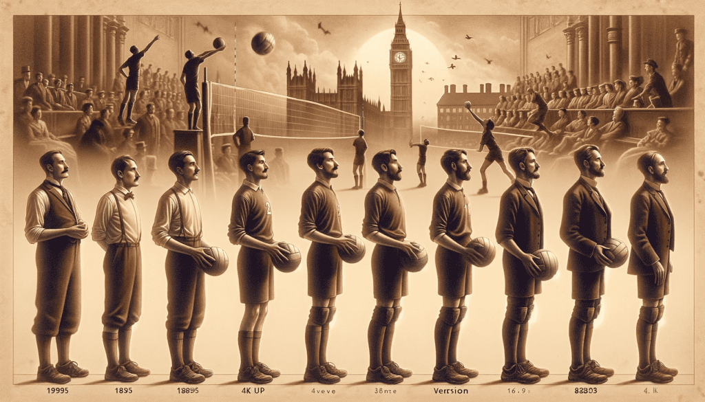 This image illustrates a historical montage that traces the evolution of volleyball from its inception as 'Mintonette' in 1895 to the modern game we know today. The focus is on the development of player positions over the years. The montage uses sepia tones, accented with the color theme #8f8074, to blend historical essence with modern vibrancy, depicting the transformation and growth of the sport.

