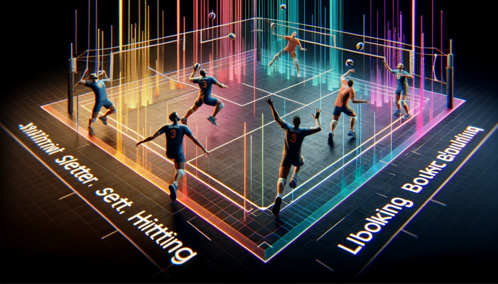 The revised image realistically depicts a volleyball court scene, highlighting each key position (setter, hitter, blocker, libero) with distinct colors against a #8f8074 background. It features players in action, each demonstrating their specific role: the strategic setting of the setter, the powerful hitting of the hitter, the effective blocking of the blocker, and the agile defense of the libero. This portrayal emphasizes the vital roles and skills required in a real volleyball game scenario.