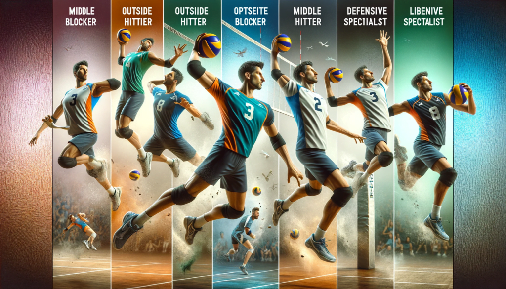 The image presents a compilation of individual players, each representing a different volleyball position: setter, outside hitter, middle blocker, opposite hitter, libero, and defensive specialist. Each player is captured in action, showcasing the specific role and skills of their position. The background for each player is themed to reflect their role, using the color #8f8074, highlighting the diversity and importance of each position in volleyball.