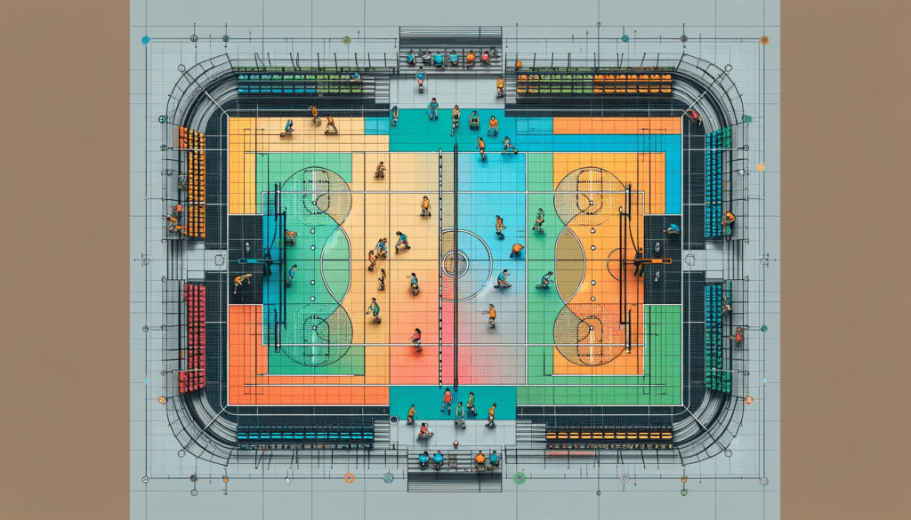 This image provides an overhead view of a volleyball court during a game scenario, showcasing the zones and positioning of players. Each position on the court is color-coded, allowing for clear identification of the strategic placement of the setter, hitters, blockers, libero, and defensive specialist. The background is set in #8f8074, enhancing the visual distinction of each zone and emphasizing the tactical layout essential in volleyball.